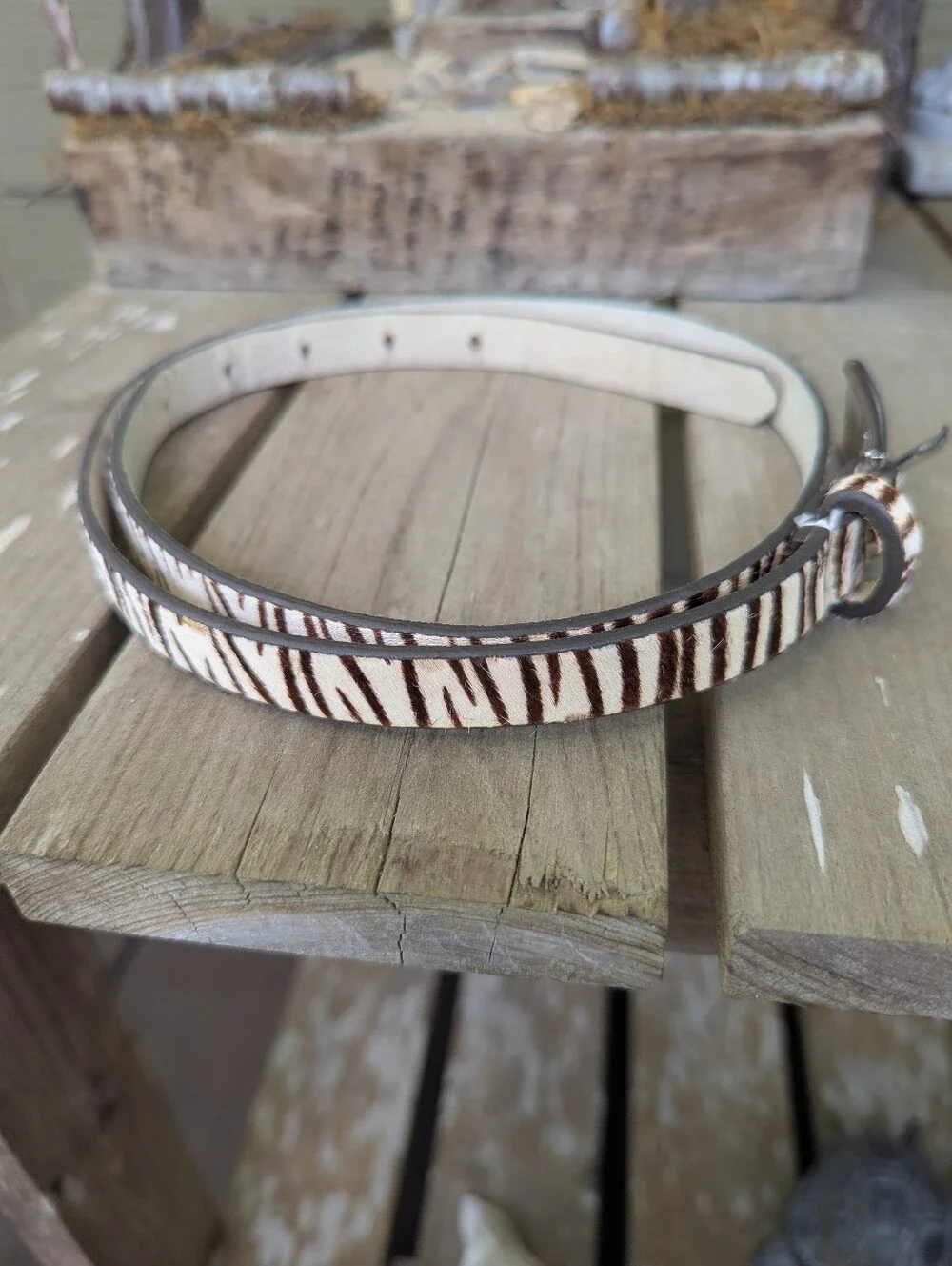 Zebra Print Genuine Hair Calf Leather Skinny Belt Silver Buckle Size Small